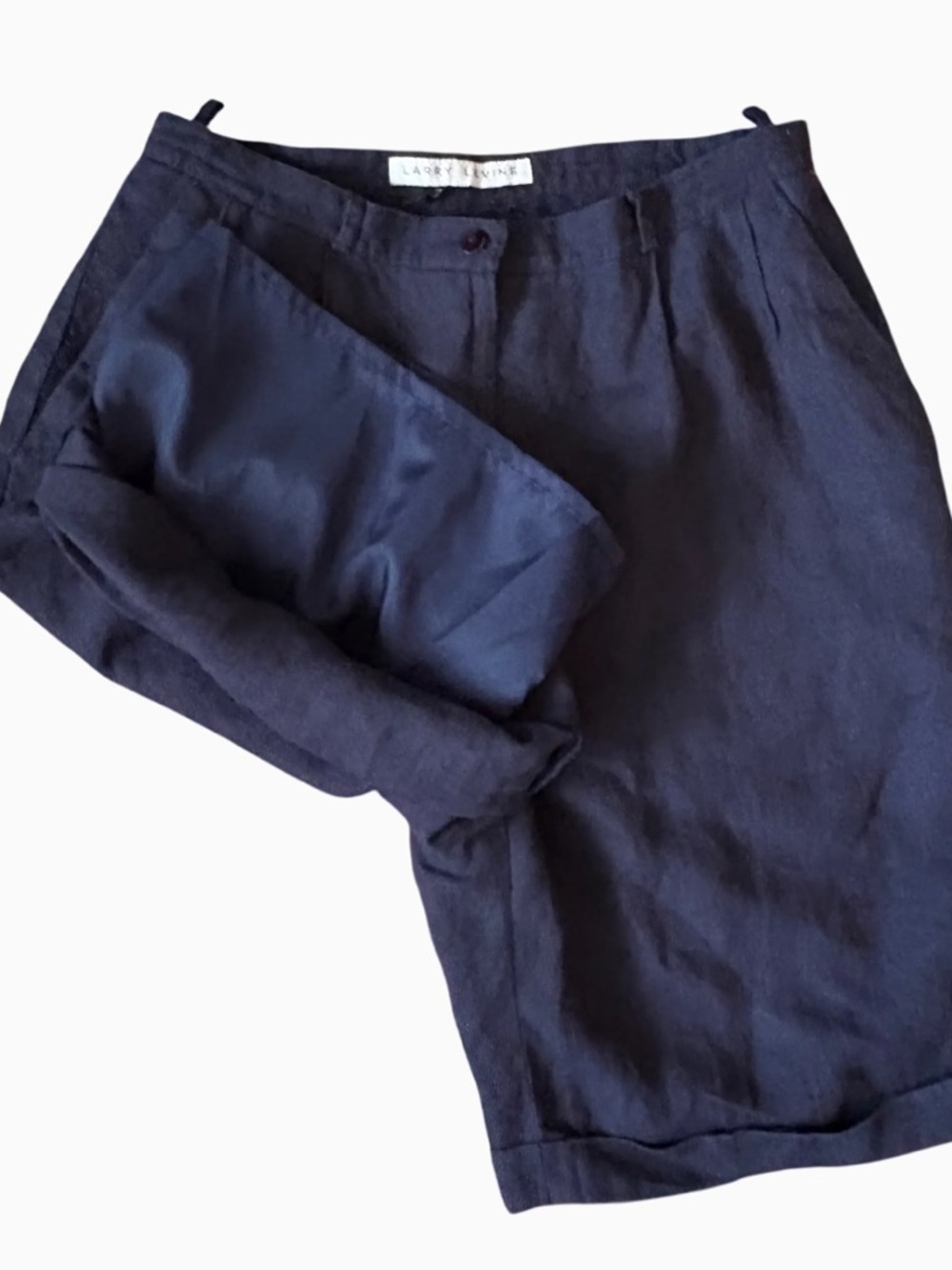 Larry Levine Navy Blue Flat-Front Linen Cotton Shorts Waist  28” Flat